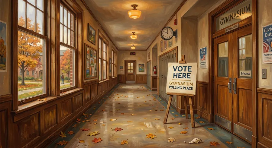 Illustration of a school hallway with a "Vote Here" sign